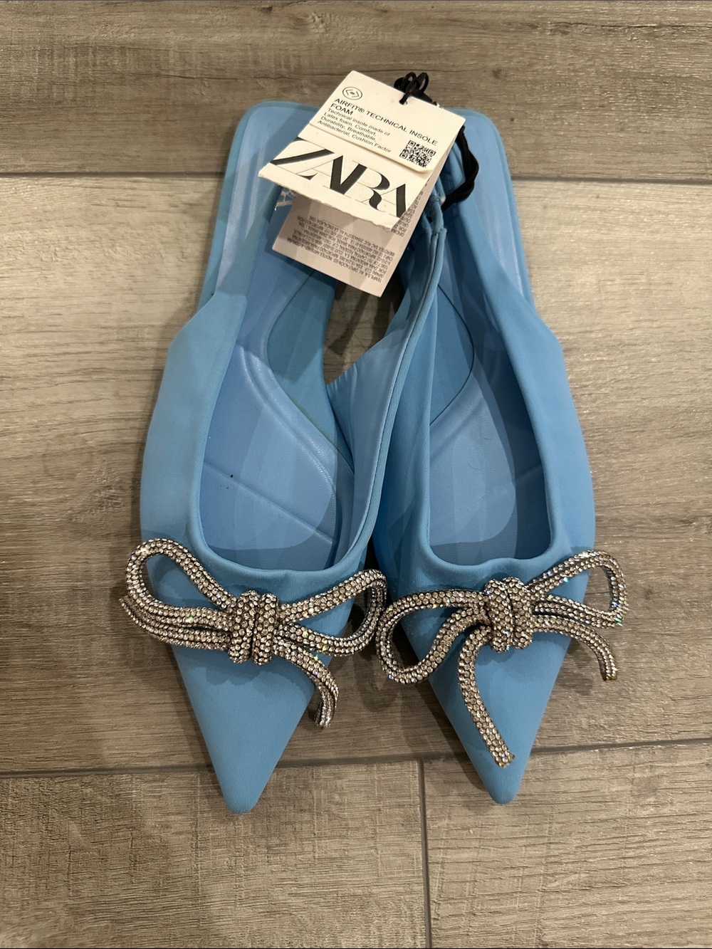 Zara Light Blue Pointed Toe Bow-Embellished Slingback Flats